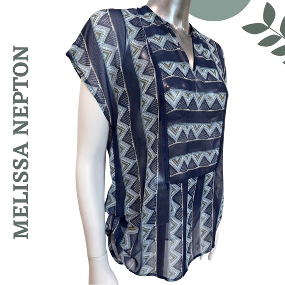 Boho Chic Ethnic Print Blouse by Melissa Nepton | Semi Sheer Short Sleeve | XS - Picture 3 of 7